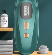 Close-up of an IPL laser hair removal device on a shelf, showcasing its digital display and buttons.