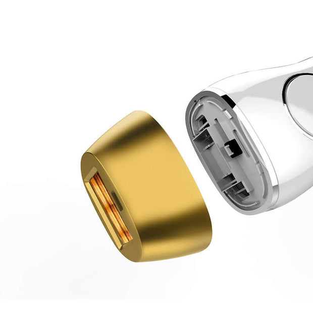 Close-up of the IPL laser hair removal device's gold applicator attachment for effective hair removal.